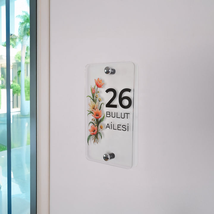 Kişiye Özel Çiçek Motifli Kapı Numarası ve Aile İsimliği