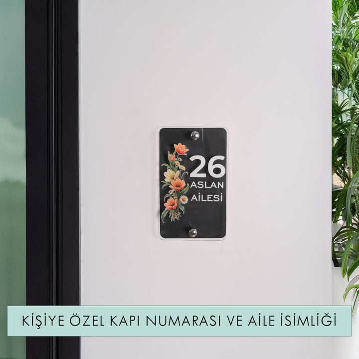 Kişiye Özel Çiçek Motifli Kapı Numarası ve Aile İsimliği