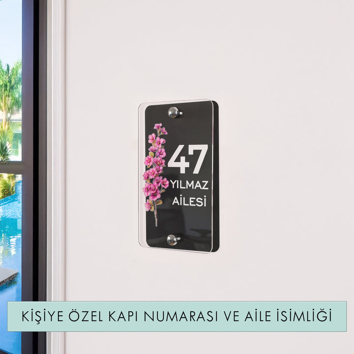 Kişiye Özel Pembe Çiçekli Kapı Numarası ve Aile İsimliği