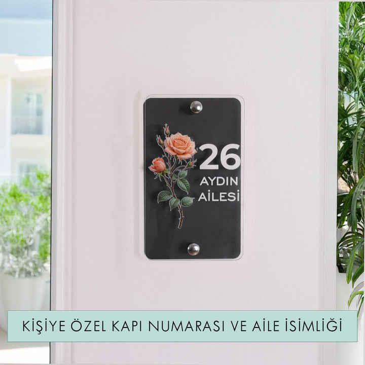 Kişiye Özel Turuncu Güllü Kapı Numarası ve Aile İsimliği