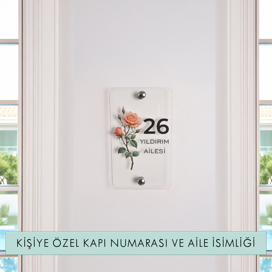 Kişiye Özel Turuncu Güllü Kapı Numarası ve Aile İsimliği