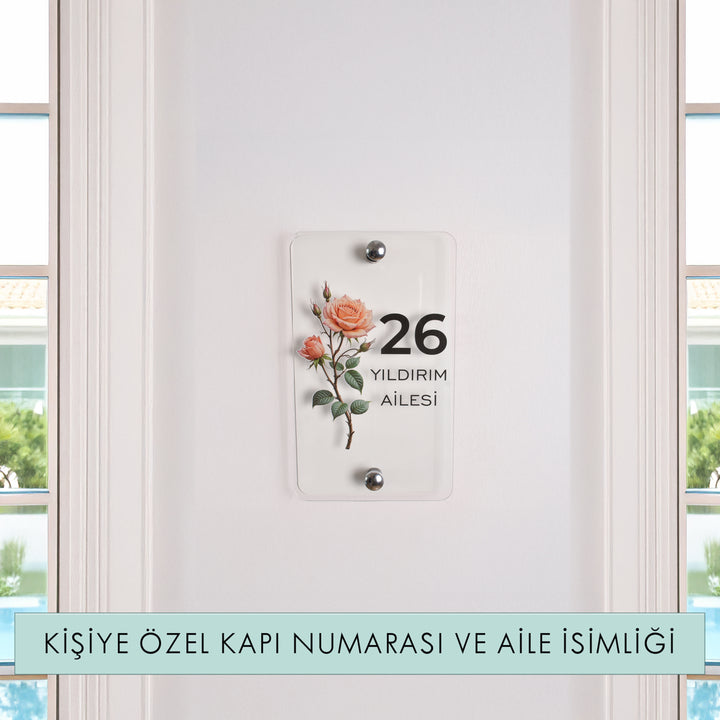 Kişiye Özel Turuncu Güllü Kapı Numarası ve Aile İsimliği