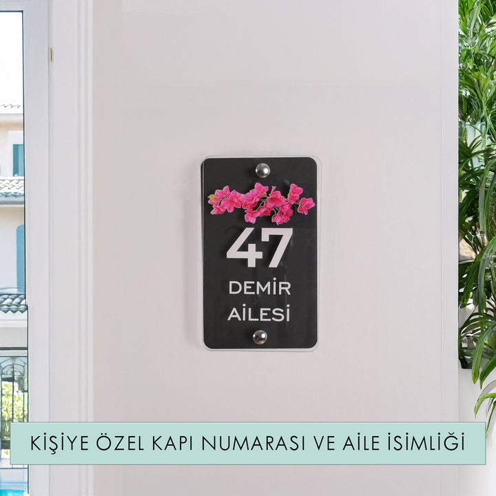 Kişiye Özel Şeffaf Pembe Çiçekli Kapı Numarası ve Aile İsimliği