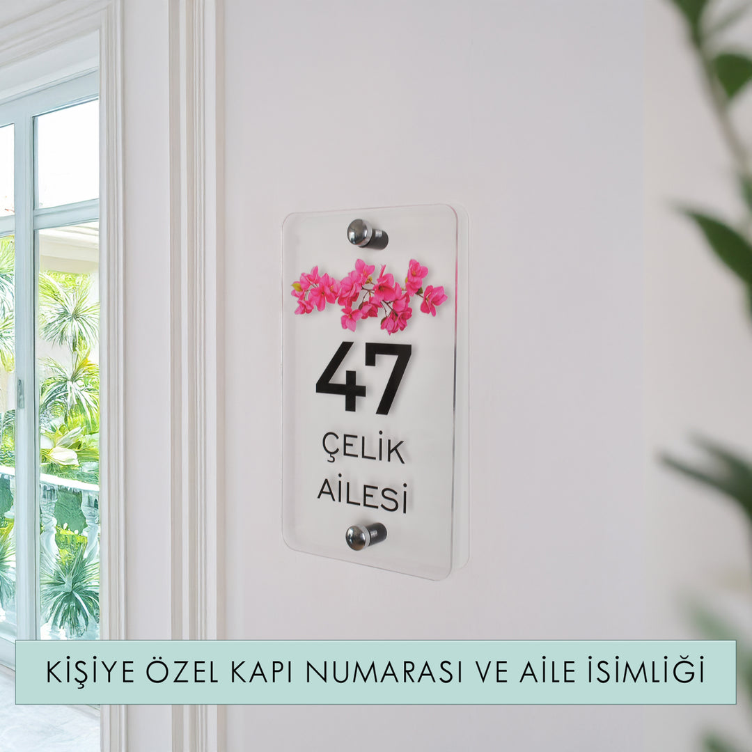 Kişiye Özel Şeffaf Pembe Çiçekli Kapı Numarası ve Aile İsimliği