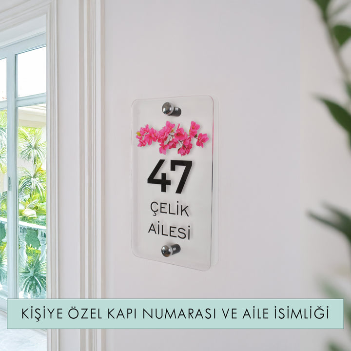 Kişiye Özel Şeffaf Pembe Çiçekli Kapı Numarası ve Aile İsimliği