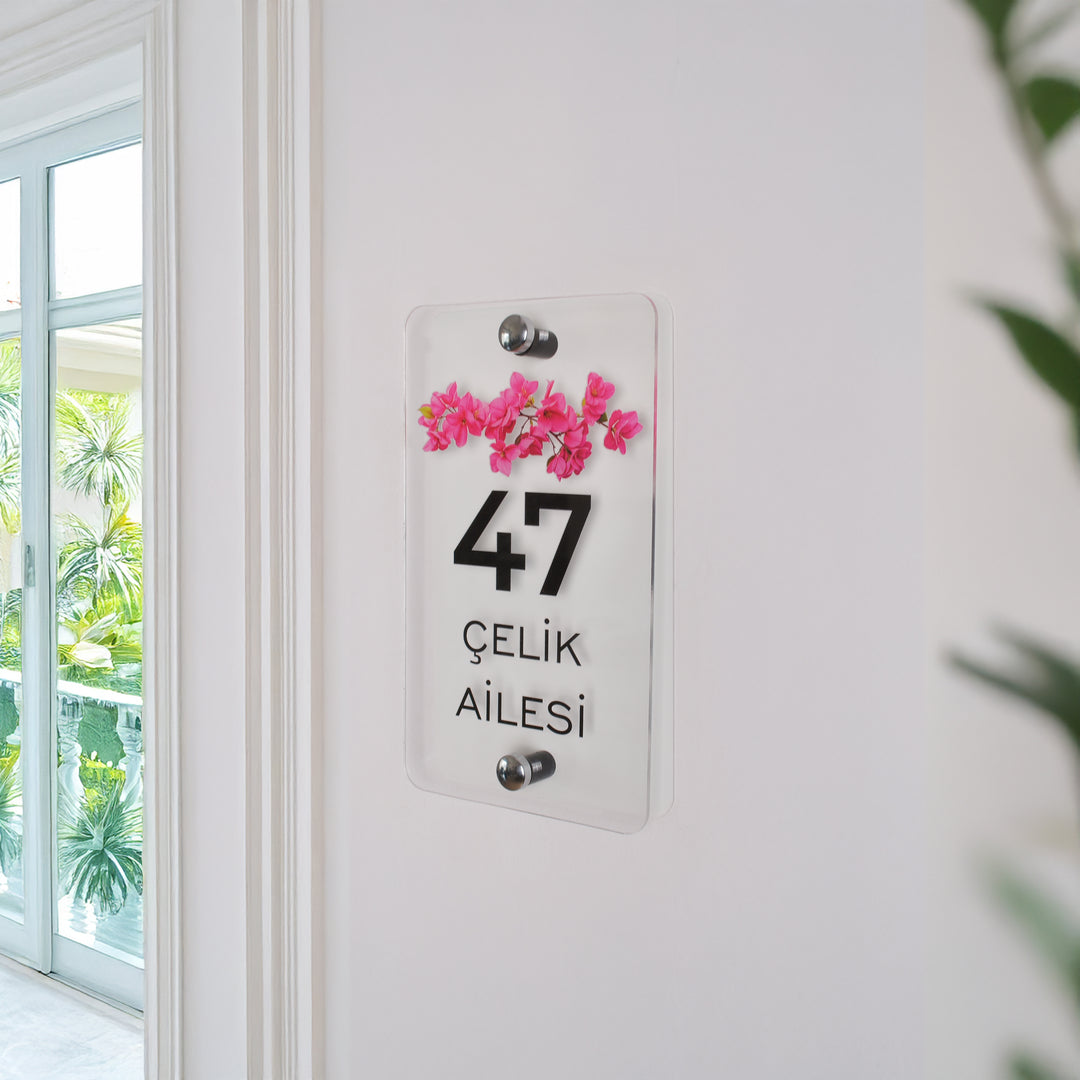 Kişiye Özel Şeffaf Pembe Çiçekli Kapı Numarası ve Aile İsimliği