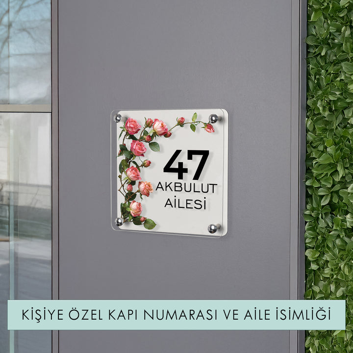 Kişiye Özel Pembe Gül Dallı Kapı İsimliği