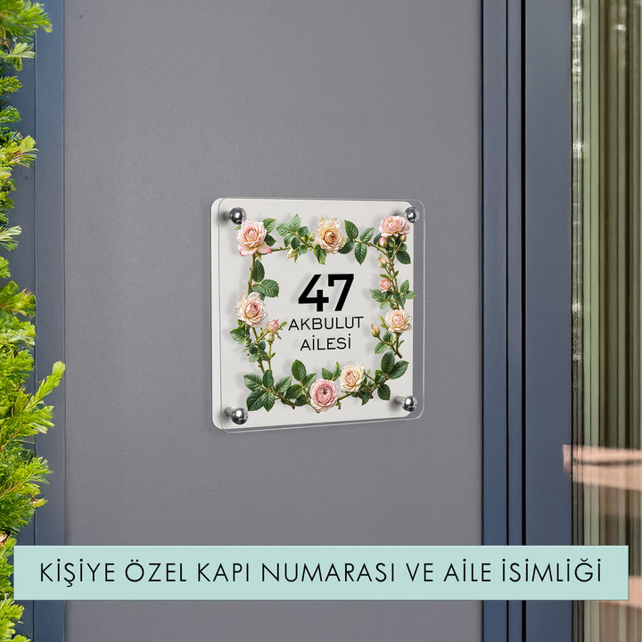 Kişiye Özel Gül Desenli Kapı Numarası ve Aile İsimliği