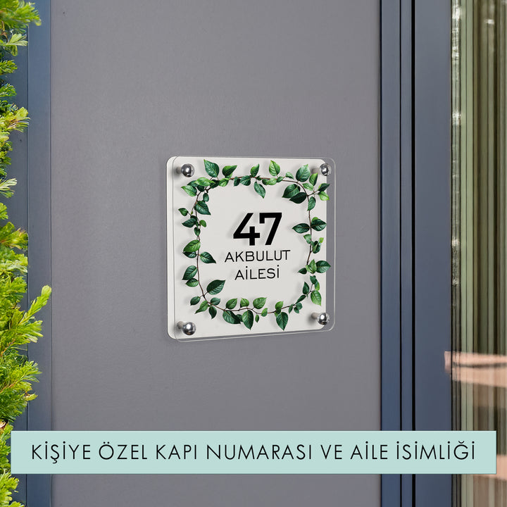 Kişiye Özel Yaprak Desenli Kapı Numarası ve Aile İsimliği