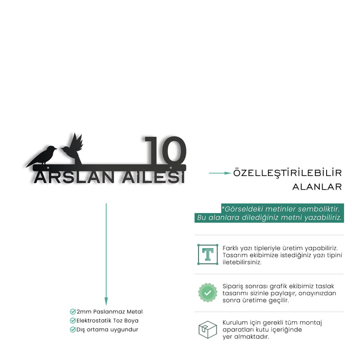 Kuş Figürlü Kişiselleştirilebilir Adres Tabelası