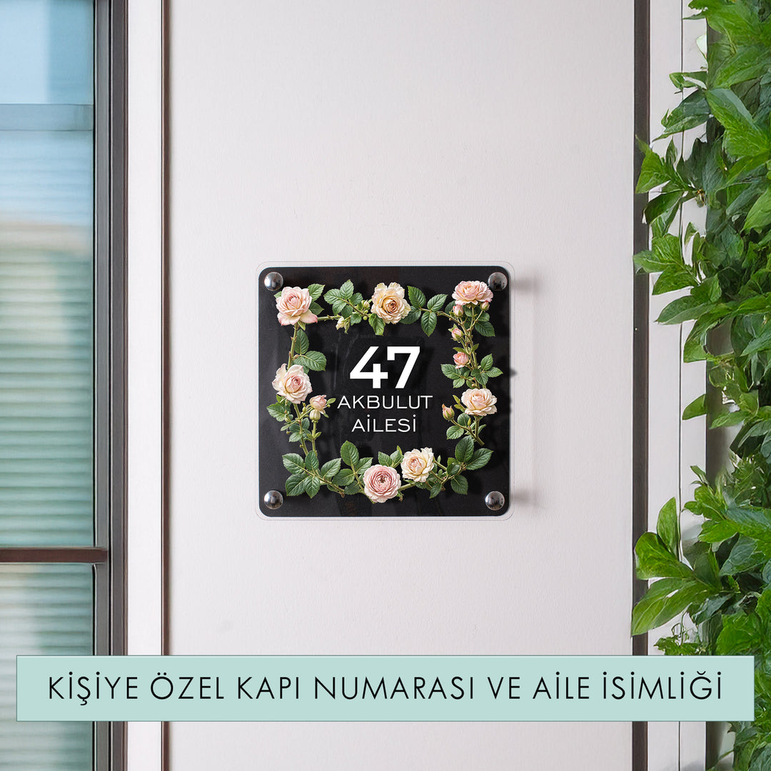 Kişiye Özel Gül Desenli Kapı Numarası ve Aile İsimliği