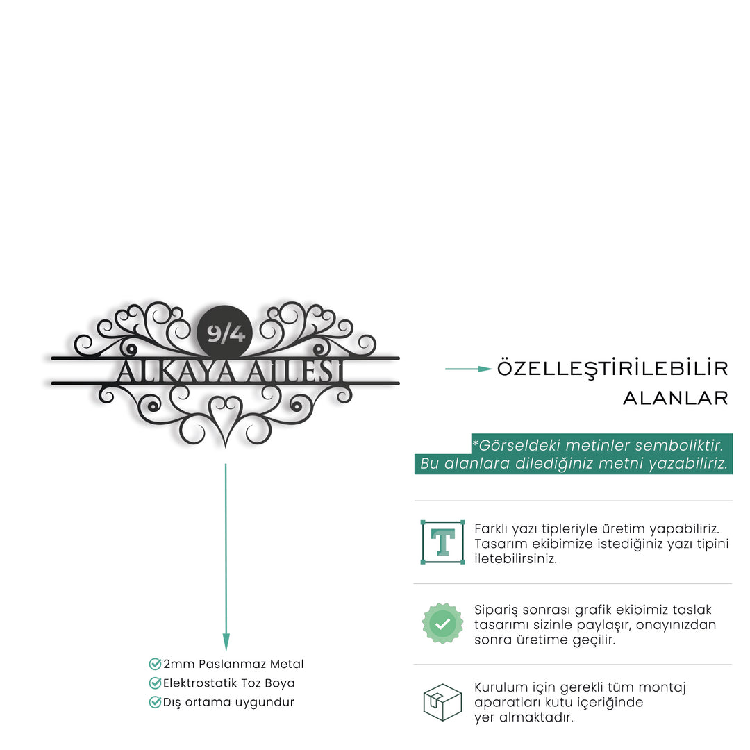 Kişiye Özel Vintage Lines Metal Kapı Numarası ve Aile İsimliği