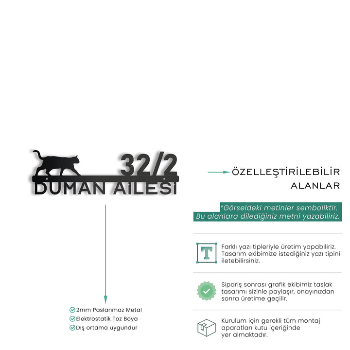 Kedi Figürlü Kişiselleştirilebilir Adres Tabelası