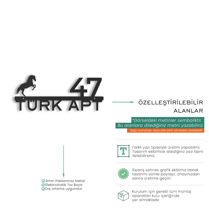 Kişiye Özel Metal At Figürlü Kapı İsimliği