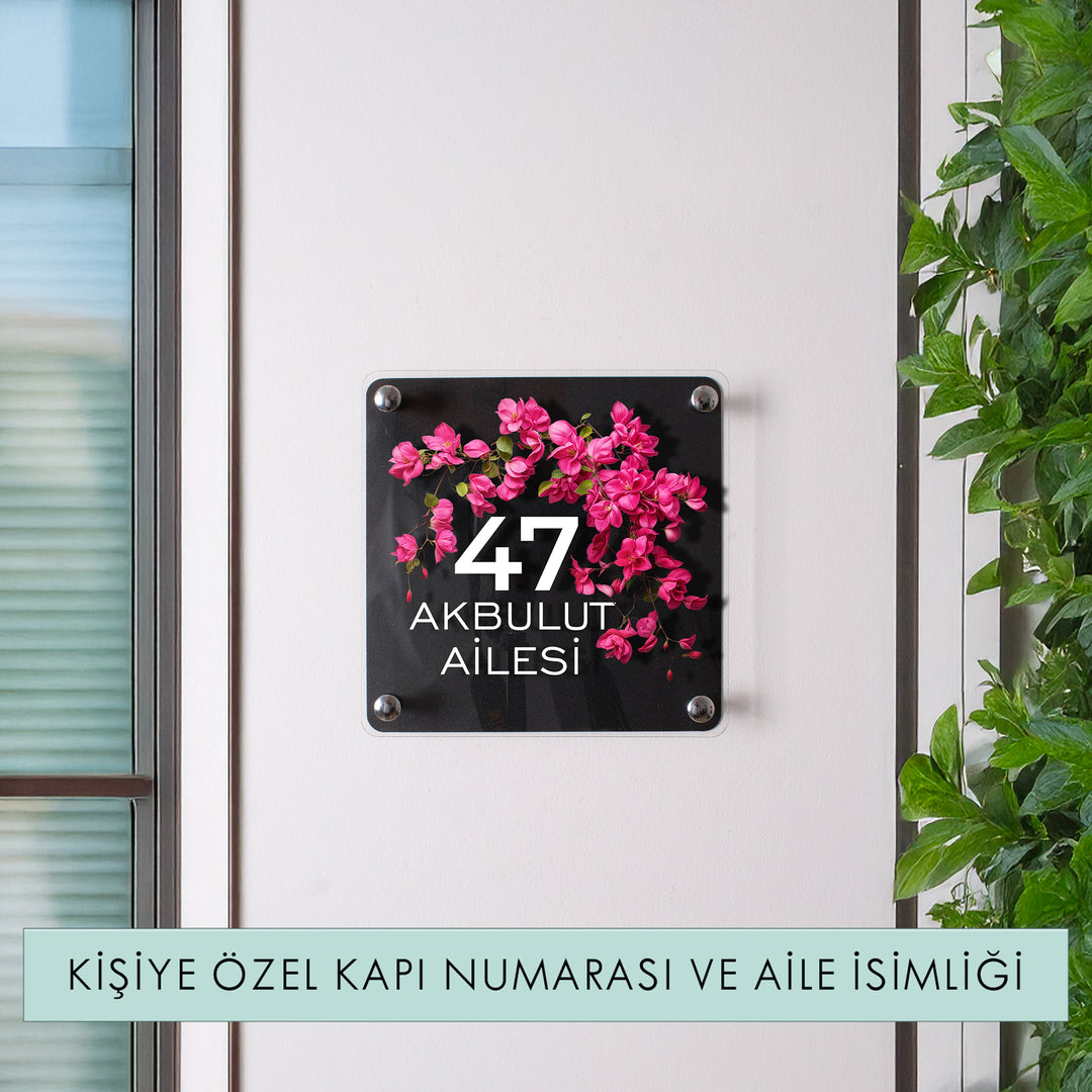 Kişiye Özel Begonvil Çiçekli Kapı İsimliği