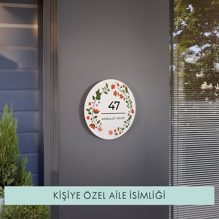 Çiçek ve Yaprak Motifli Yuvarlak Kapı Numarası ve Aile İsmi Tabelası