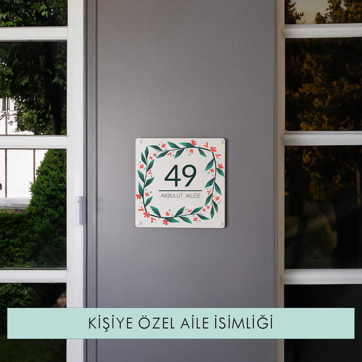 Doğal Çiçek Motifli Kişiye Özel Kapı Numarası ve Aile İsmi Tabelası