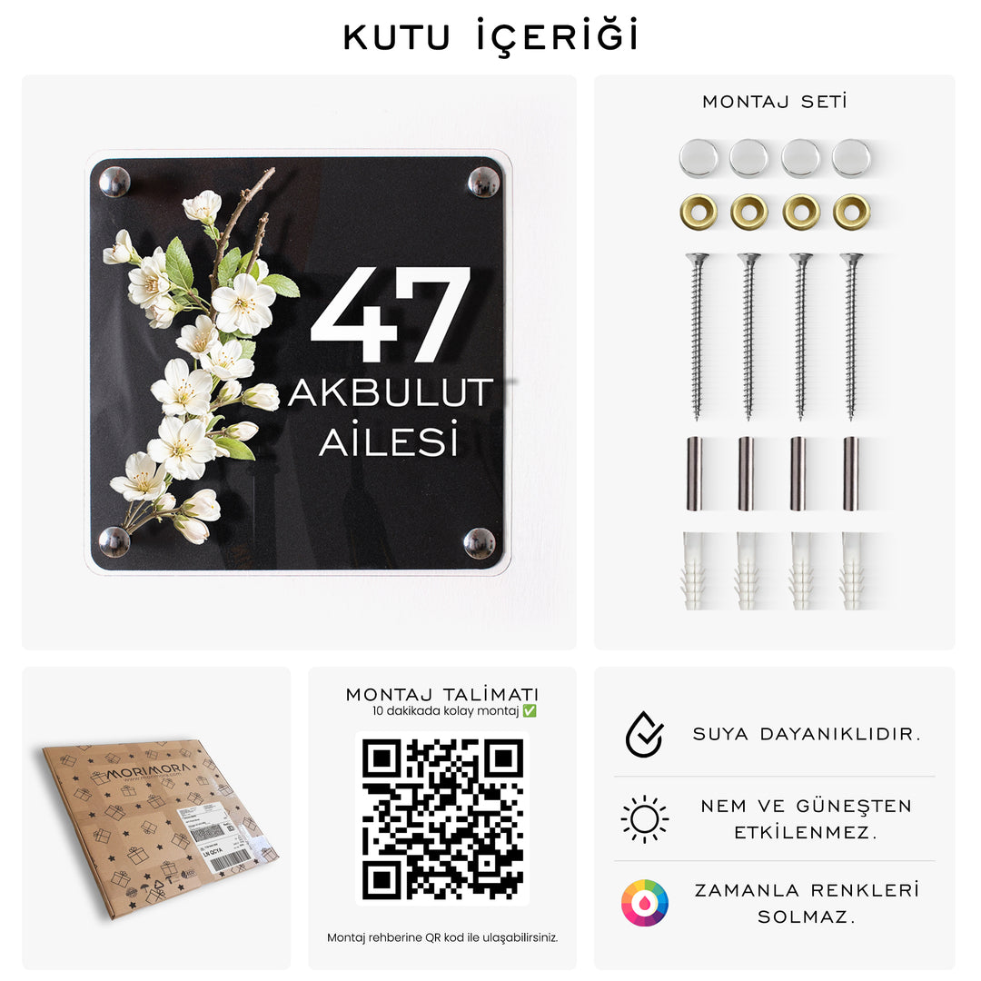 Kişiye Özel Beyaz Çiçek Dallı Kapı İsimliği