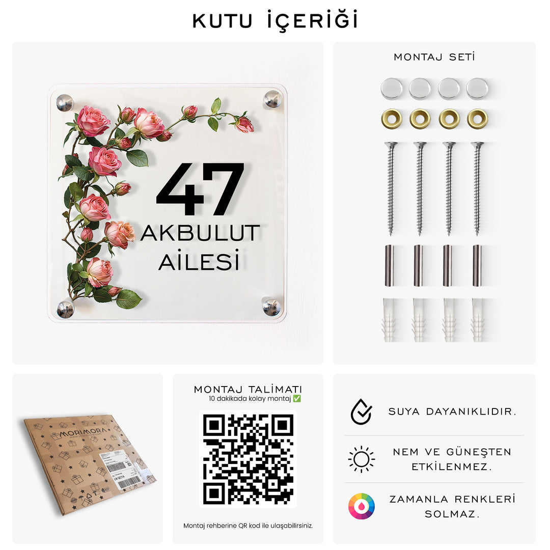 Kişiye Özel Pembe Gül Dallı Kapı İsimliği