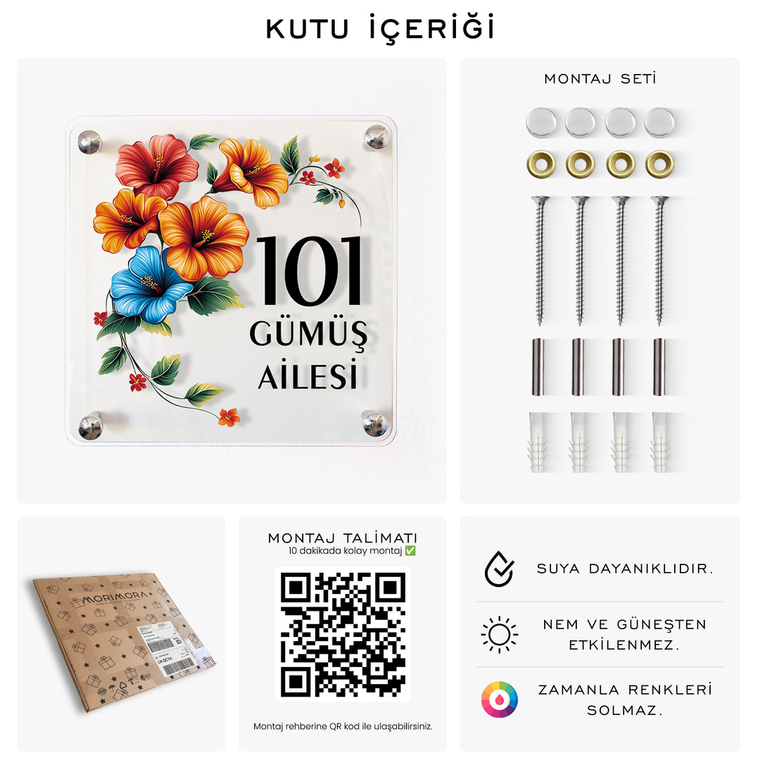 Canlı Çiçek Motifli Kişiye Özel Kapı Numarası ve Aile İsmi Tabelası