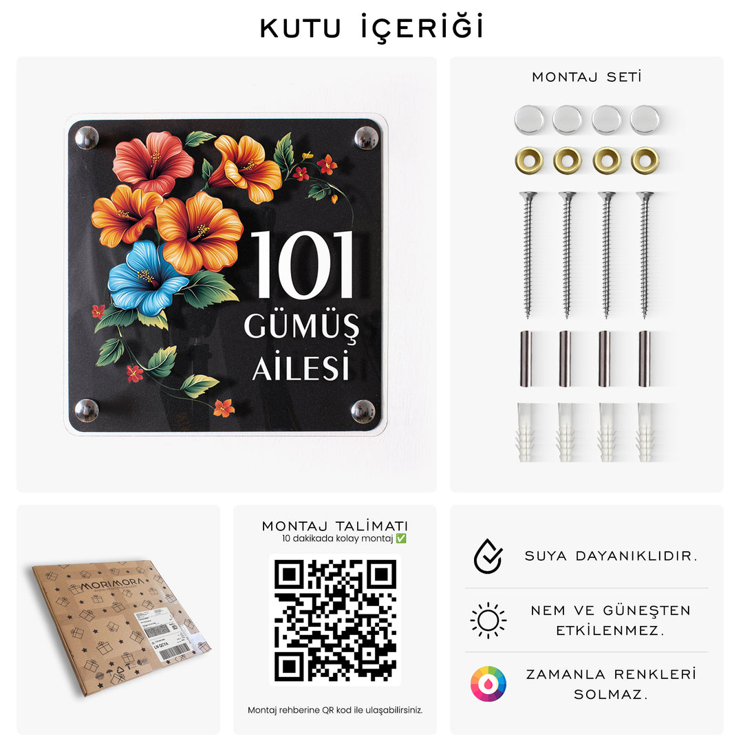 Canlı Çiçek Motifli Kişiye Özel Kapı Numarası ve Aile İsmi Tabelası