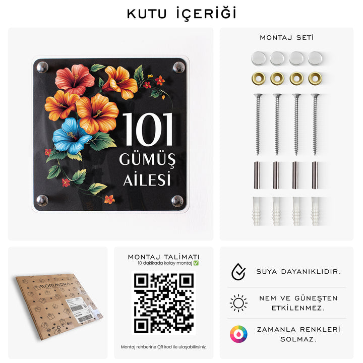 Canlı Çiçek Motifli Kişiye Özel Kapı Numarası ve Aile İsmi Tabelası