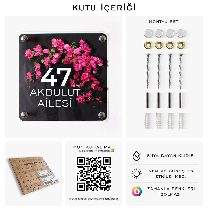 Kişiye Özel Begonvil Çiçekli Kapı İsimliği