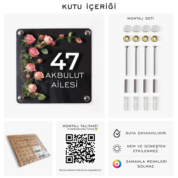 Kişiye Özel Pembe Gül Dallı Kapı İsimliği