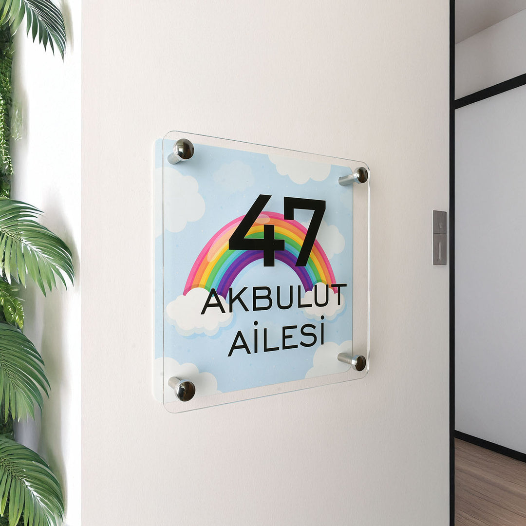 Mavi Gökkuşağı Desenli Kapı İsimliği