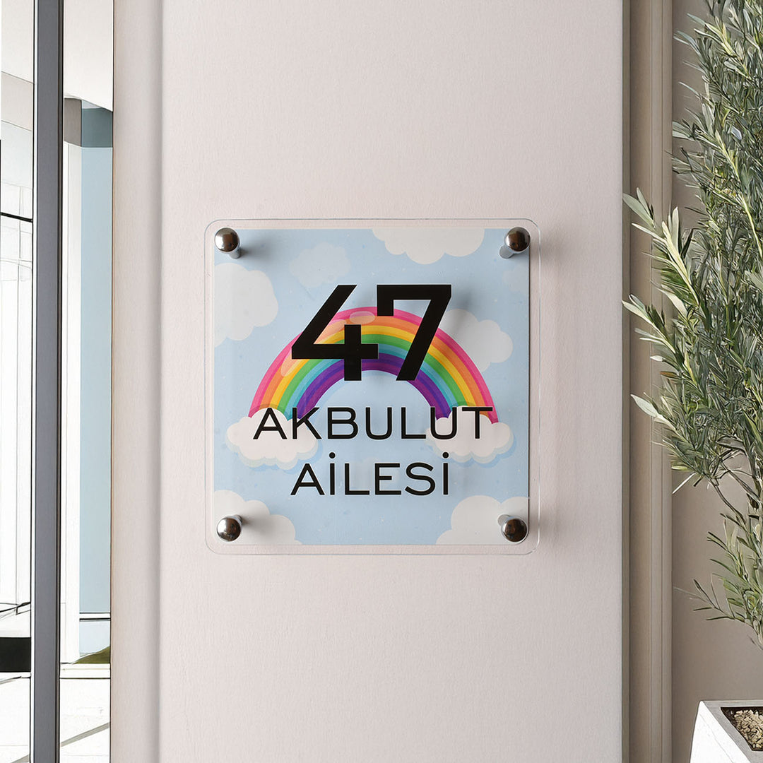 Mavi Gökkuşağı Desenli Kapı İsimliği