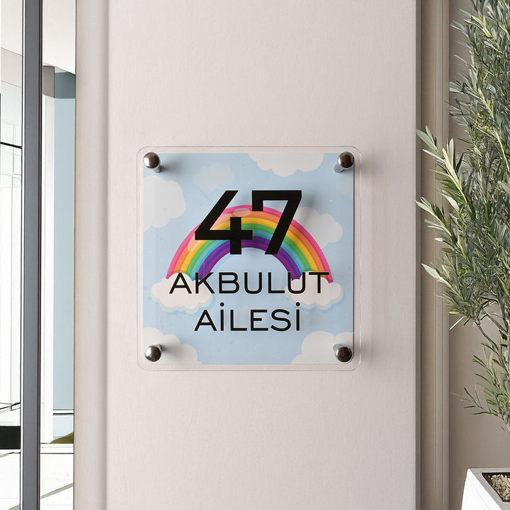 Mavi Gökkuşağı Desenli Kapı İsimliği