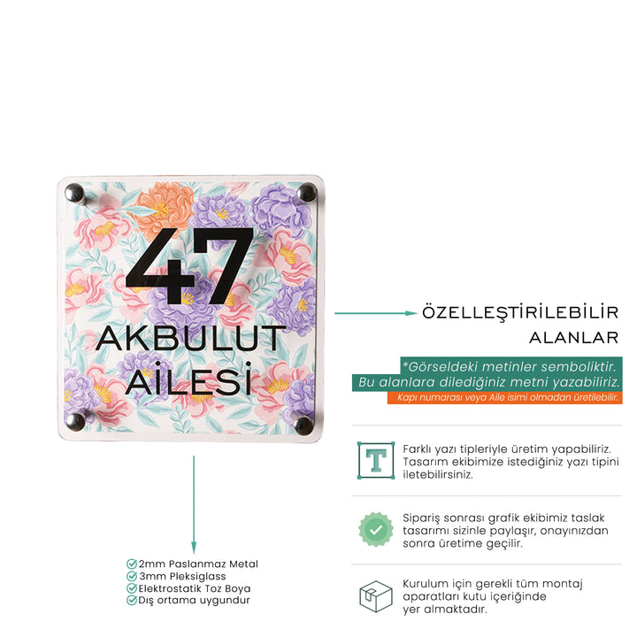 Pastel Çiçek Desenli Kapı İsimliği