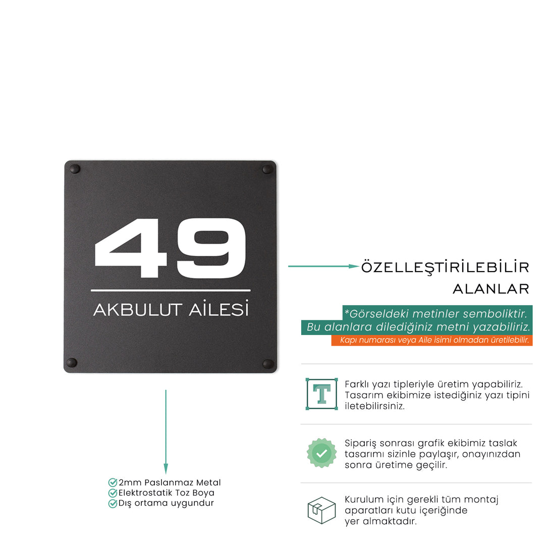 Kişiye Özel Metal Kapı Numarası ve Aile İsmi Tabelası
