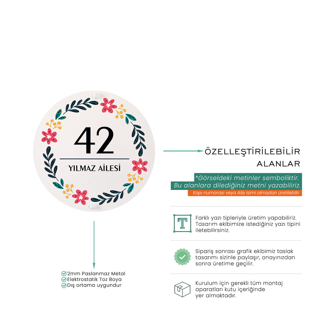 Çiçek Motifli Yuvarlak Kişiye Özel Kapı Numarası ve Aile İsmi Tabelası