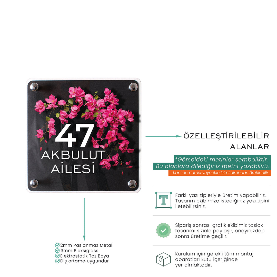 Kişiye Özel Begonvil Çiçekli Kapı İsimliği