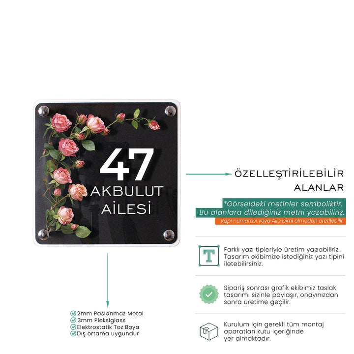 Kişiye Özel Pembe Gül Dallı Kapı İsimliği
