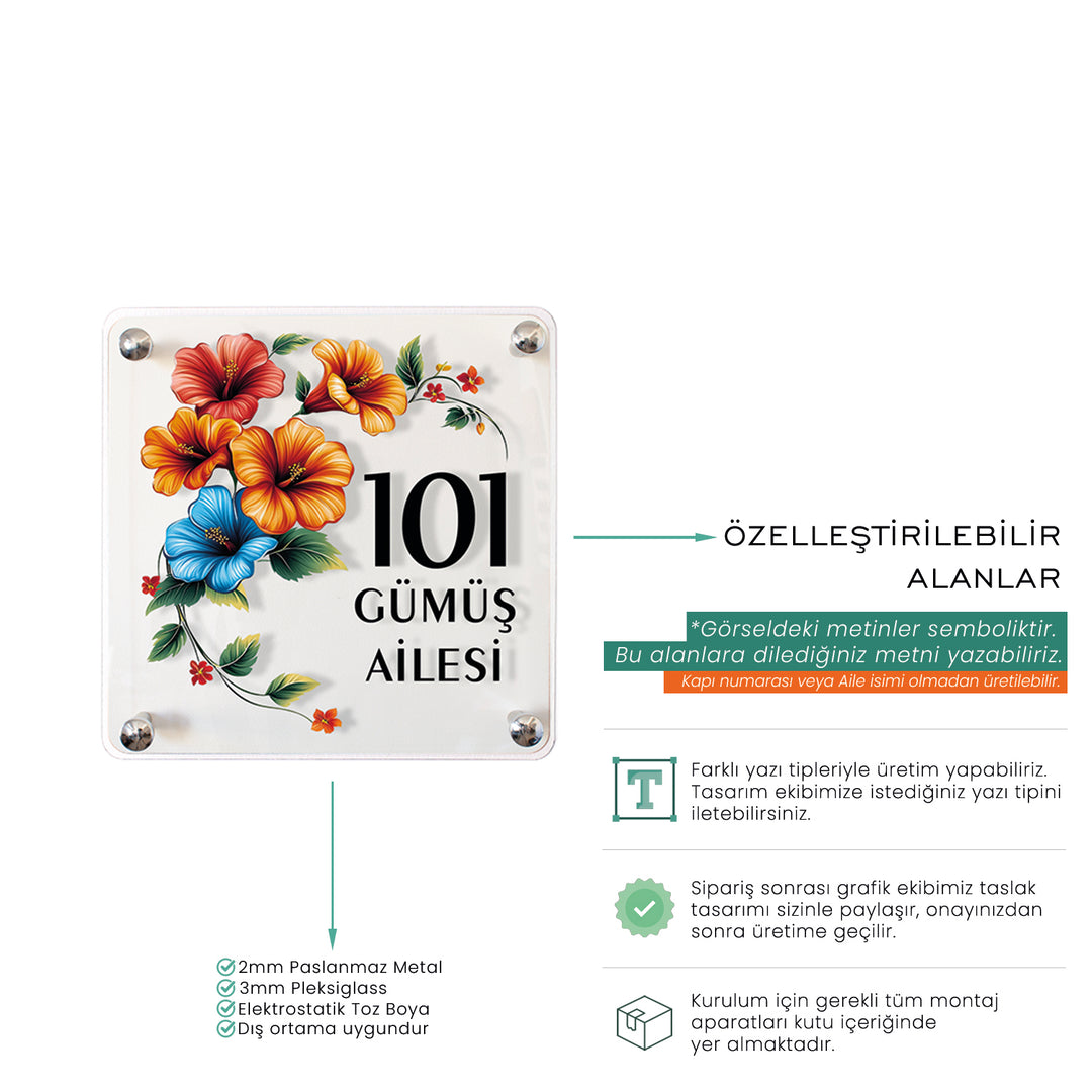 Canlı Çiçek Motifli Kişiye Özel Kapı Numarası ve Aile İsmi Tabelası