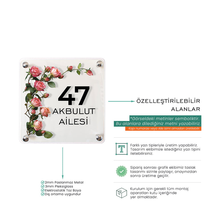 Kişiye Özel Pembe Gül Dallı Kapı İsimliği
