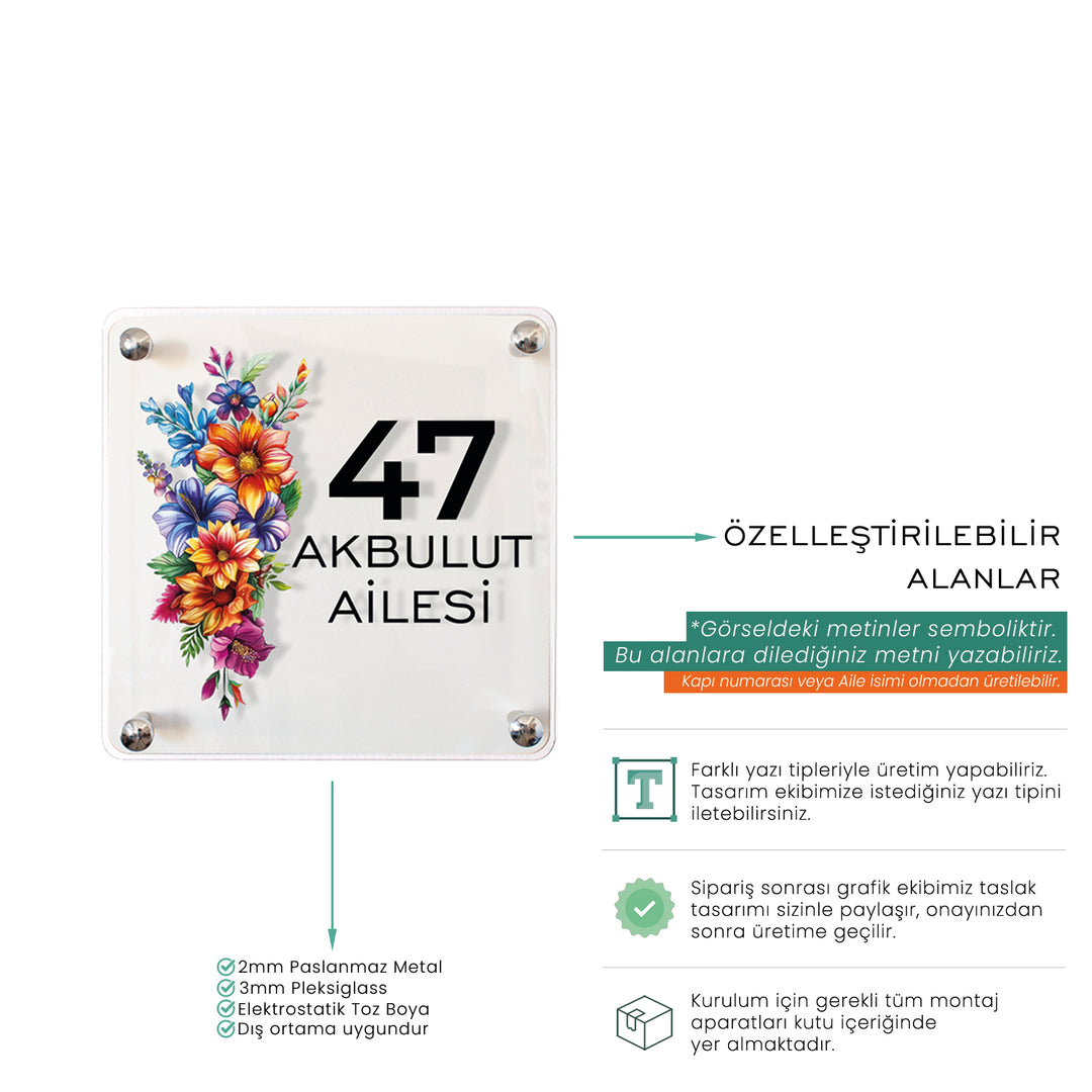 Kişiye Özel Renkli Çiçekli Kapı İsimliği