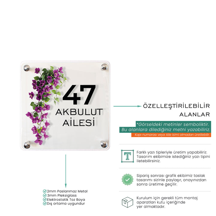 Kişiye Özel Mor Sarmaşık Çiçekli Kapı İsimliği
