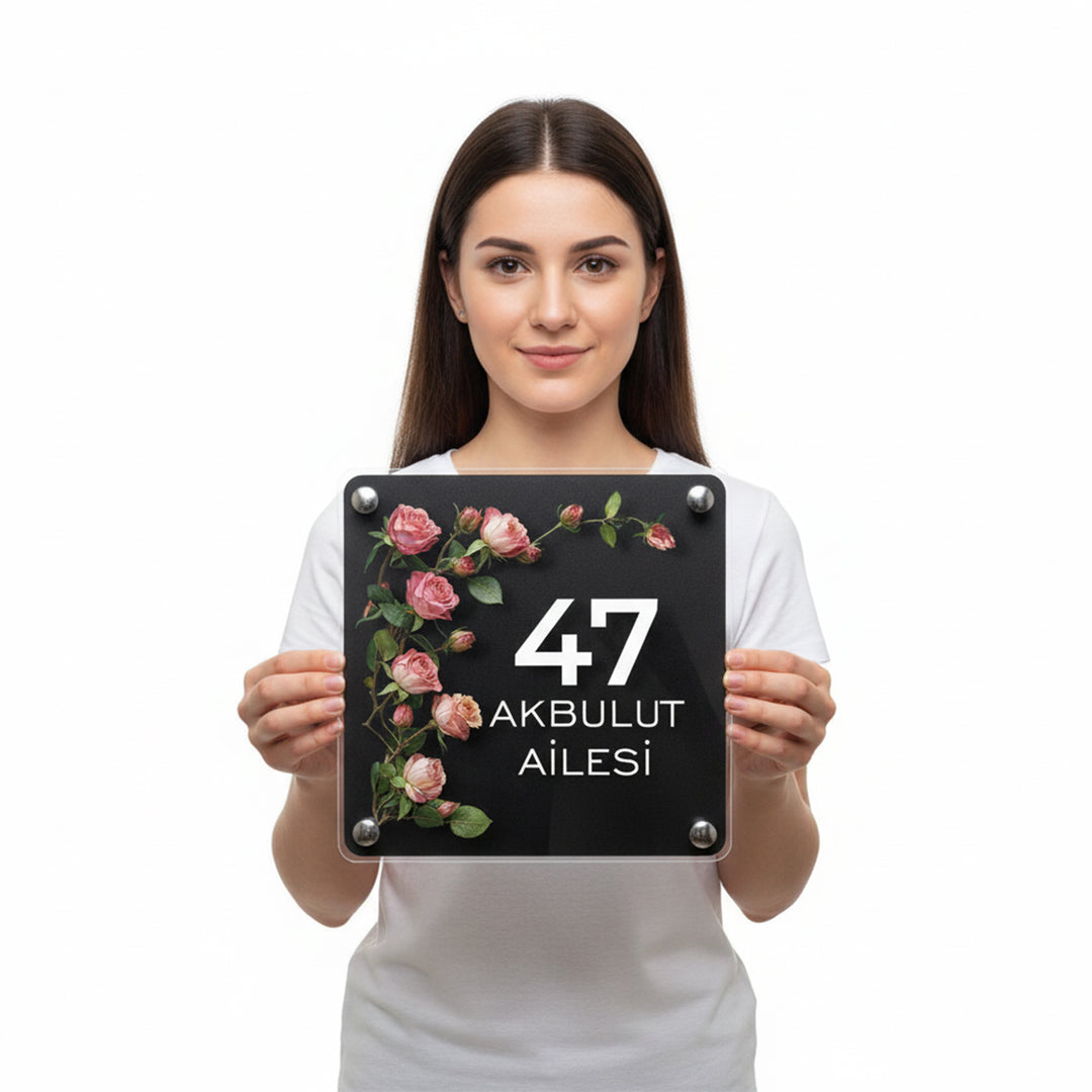 Kişiye Özel Pembe Gül Dallı Kapı İsimliği