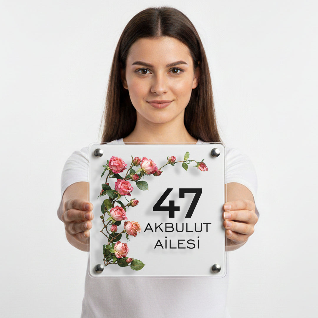 Kişiye Özel Pembe Gül Dallı Kapı İsimliği