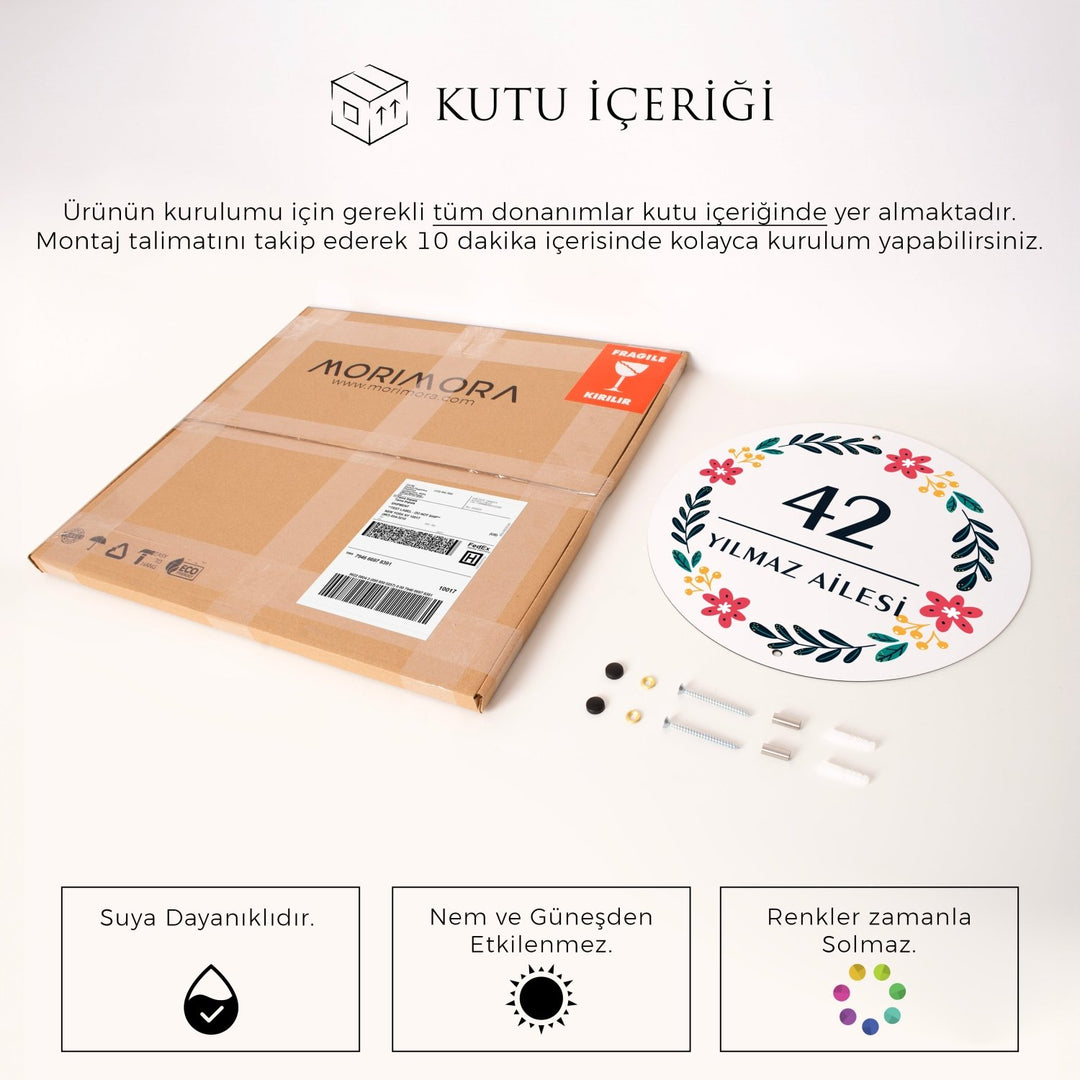Çiçek Motifli Yuvarlak Kişiye Özel Kapı Numarası ve Aile İsmi Tabelası - morimora.com