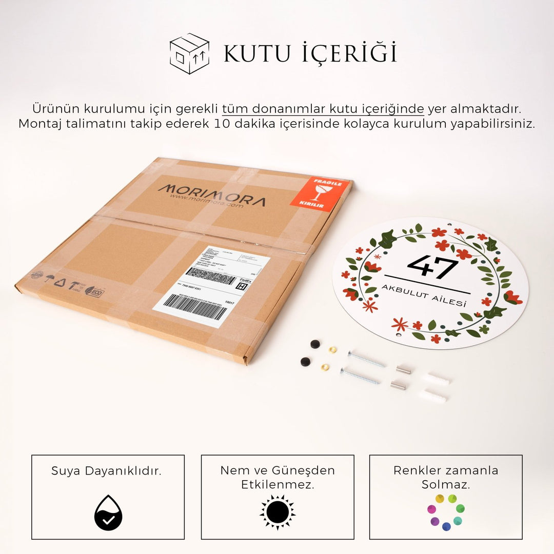 Çiçek ve Yaprak Motifli Yuvarlak Kapı Numarası ve Aile İsmi Tabelası - morimora.com