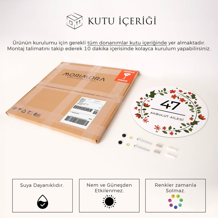 Çiçek ve Yaprak Motifli Yuvarlak Kapı Numarası ve Aile İsmi Tabelası - morimora.com