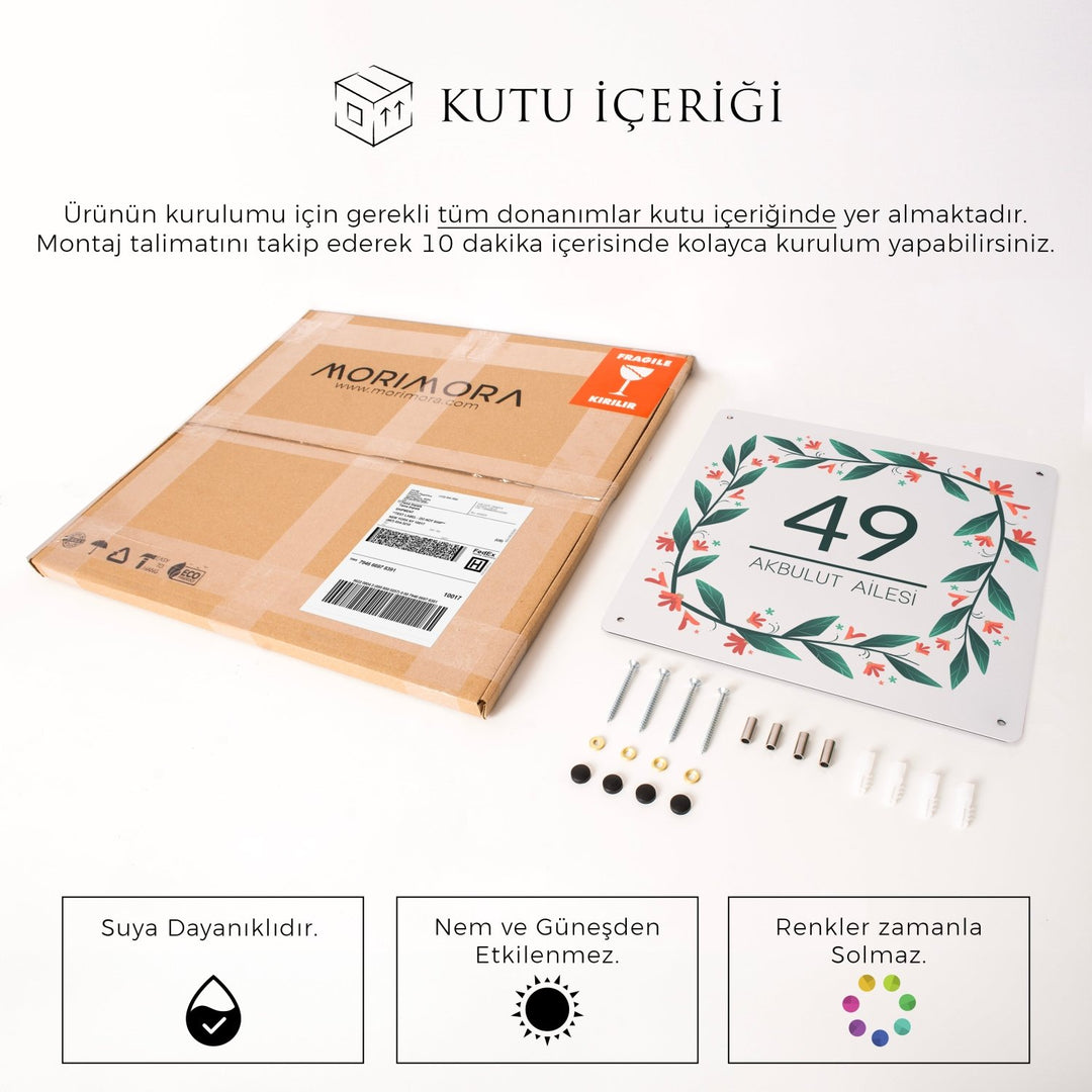 Doğal Çiçek Motifli Kişiye Özel Kapı Numarası ve Aile İsmi Tabelası - morimora.com