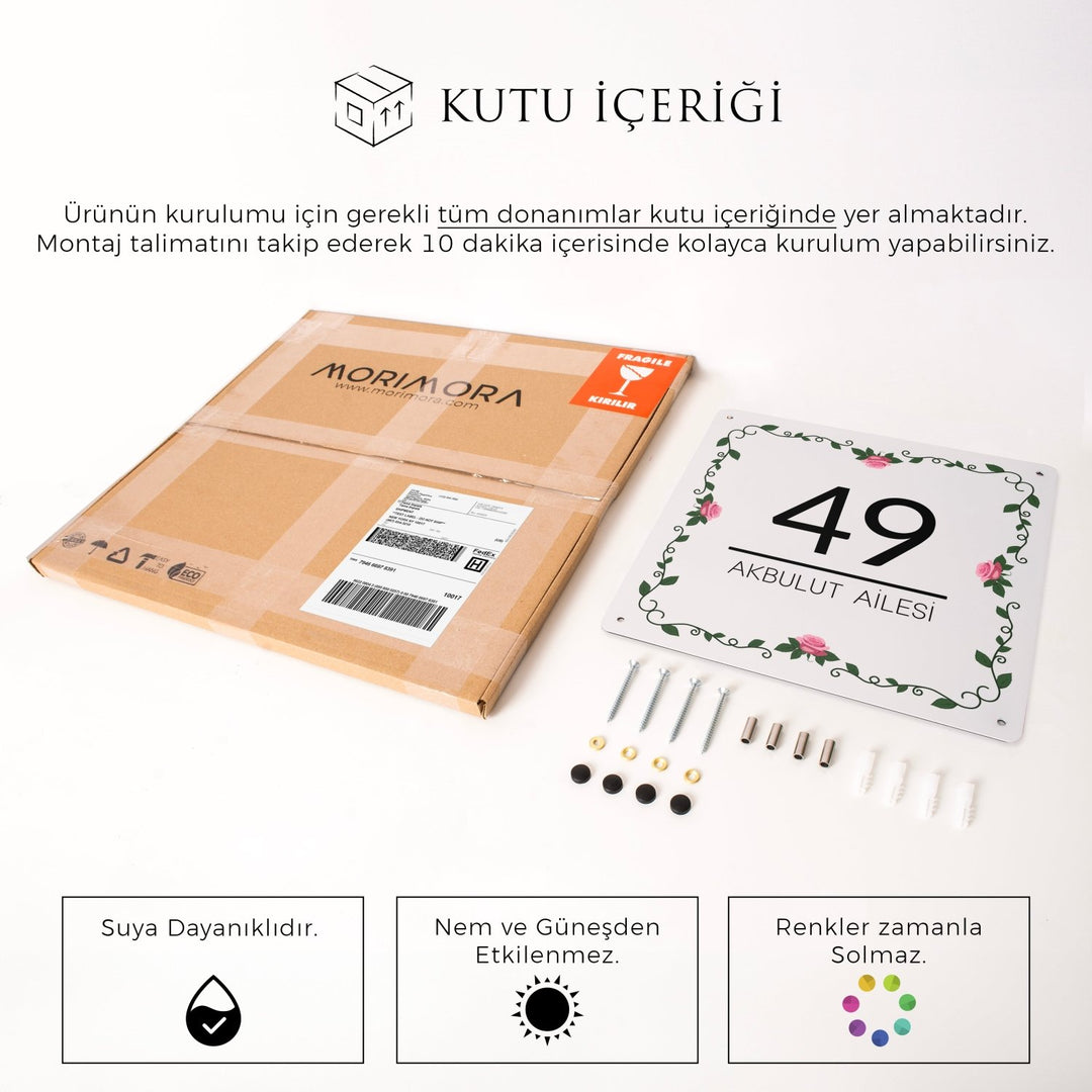 Gül Motifli Kişiye Özel Kapı Numarası ve Aile İsmi Metal Tabela - morimora.com