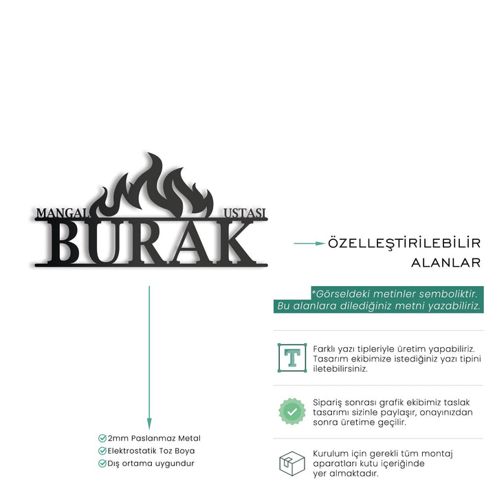 Kişiye Özel Ateş ve Barbekü Temalı Metal İsimlik - morimora.com