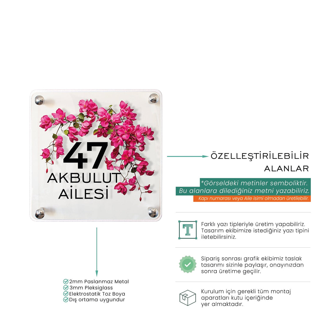 Kişiye Özel Begonvil Çiçekli Kapı İsimliği - morimora.com