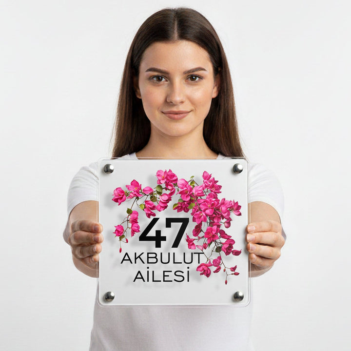 Kişiye Özel Begonvil Çiçekli Kapı İsimliği - morimora.com